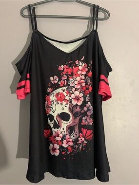 Floral Skull Black and Pink Women's Cold Shoulder Top 4XL